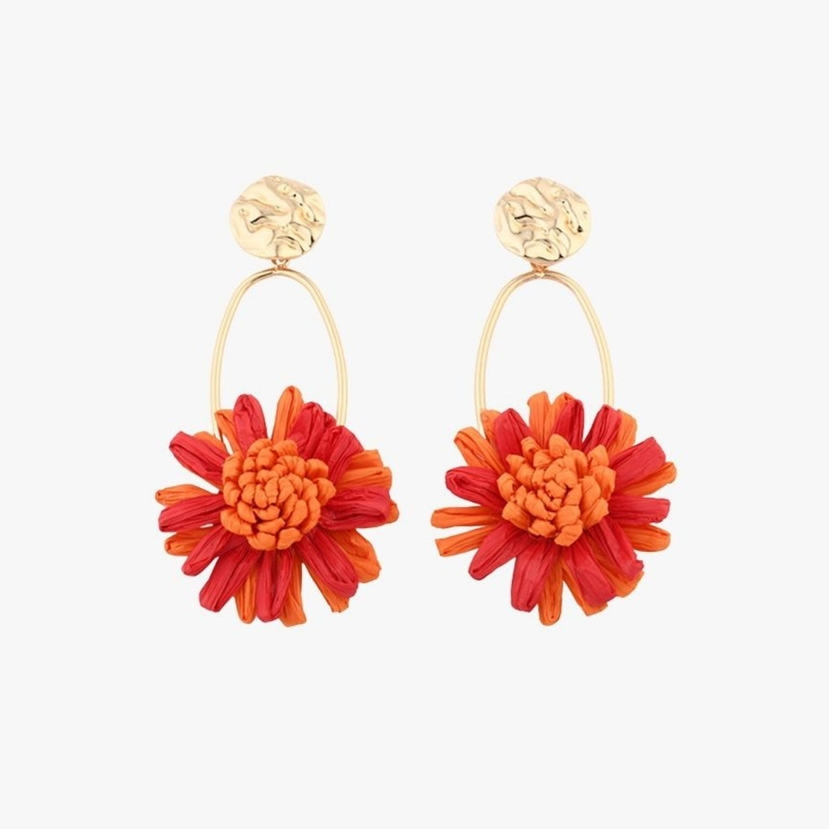 Boucles d'oreilles fleur en raphia rouge et orange