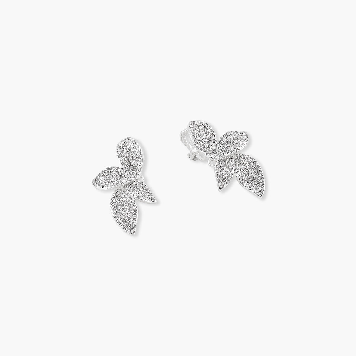 Boucles d'oreilles clips - feuilles strassées argentées