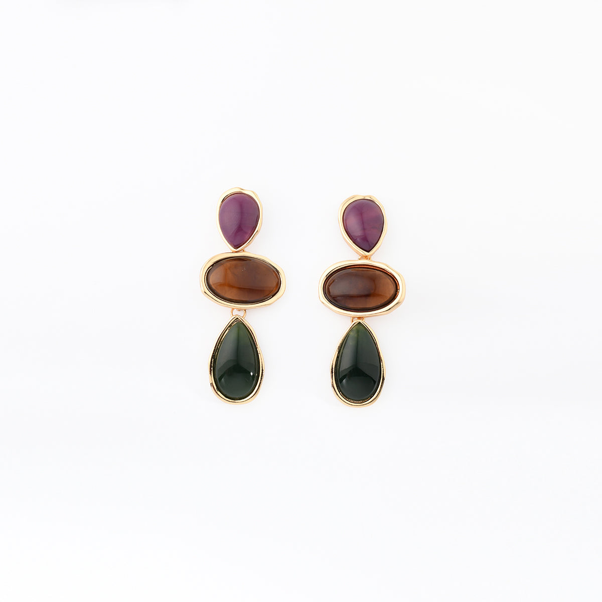 Boucles d'oreilles 3 cabochons violet, marron et vert