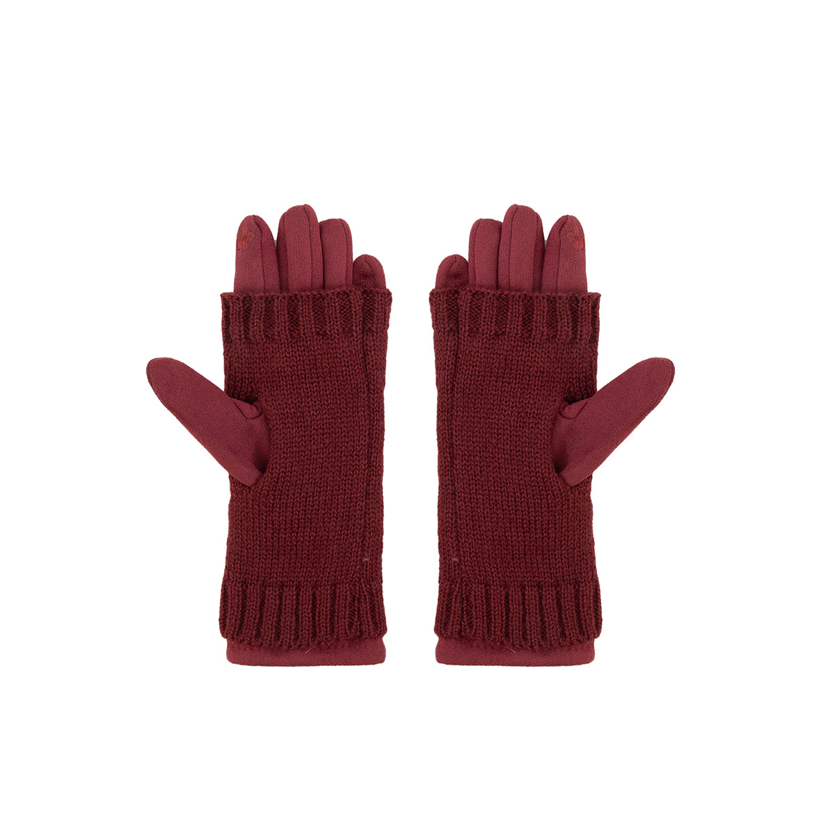 Gants bordeaux avec mitaines en maille torsadée