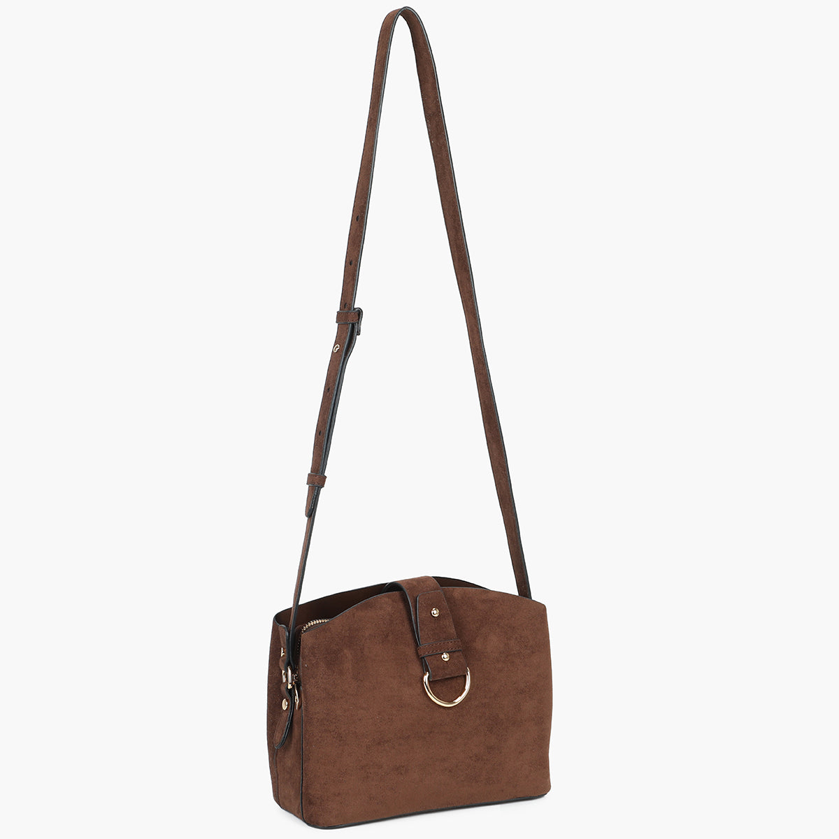 Sac seau à bandoulière effet suédé marron