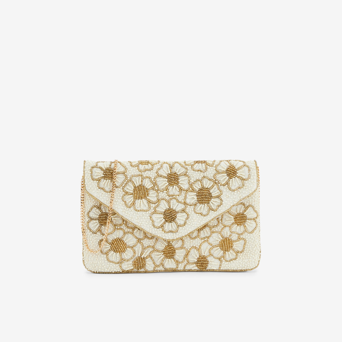 Pochette perlée à fleurs dorées et ivoires