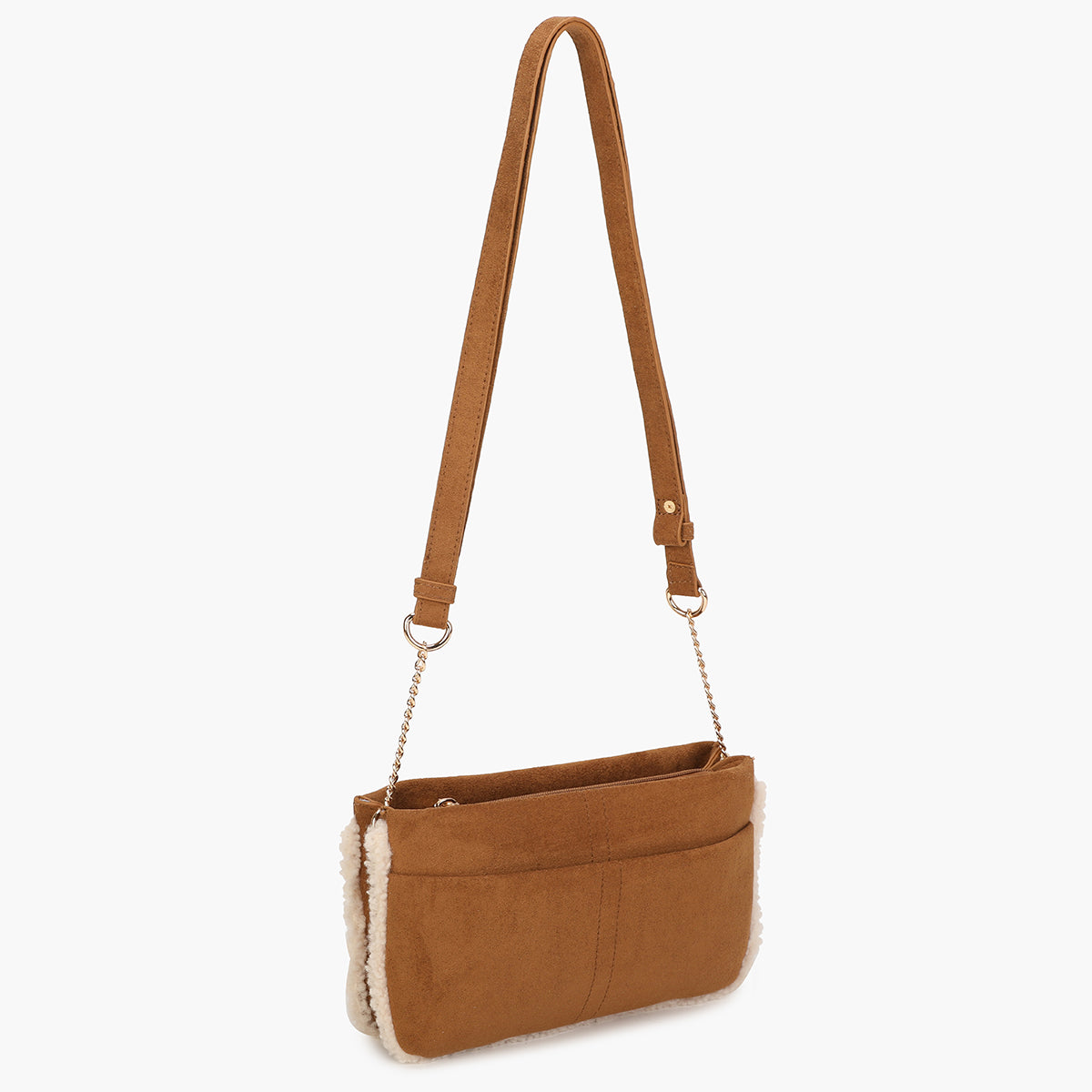 Sac pochette à bandoulière bi-matière camel