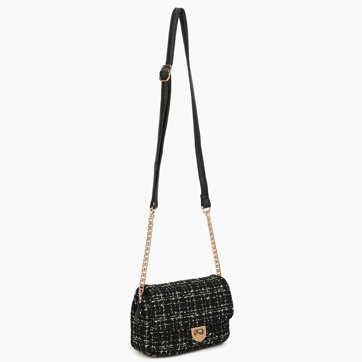 Sac à bandoulière bi-matière en tweed noir