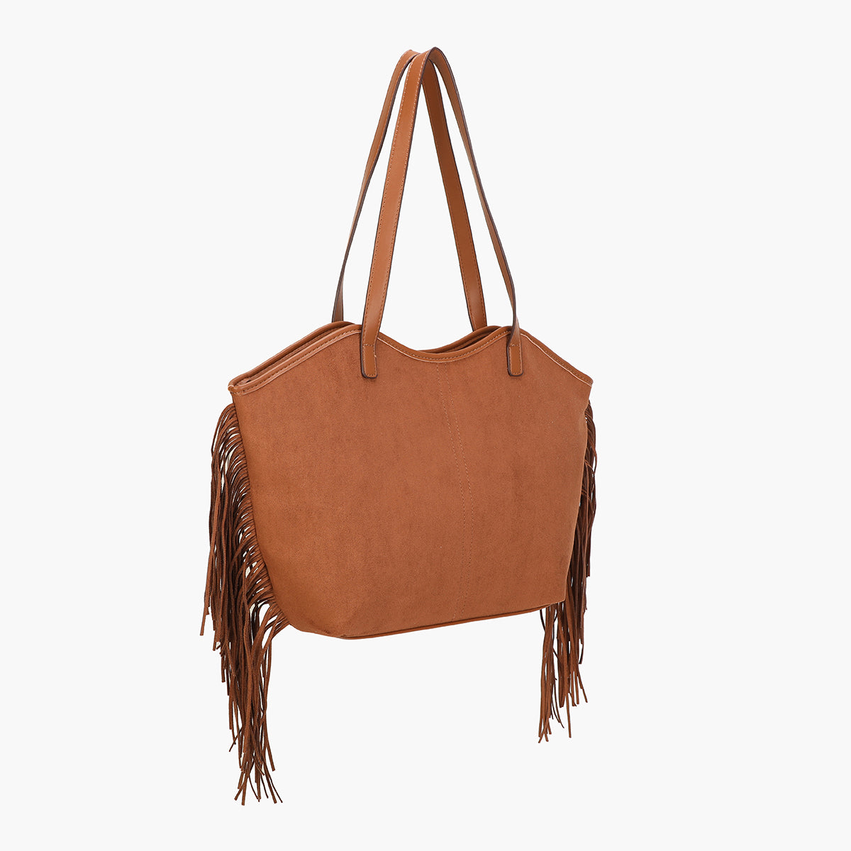 Grand sac porté épaule texturé à franges camel