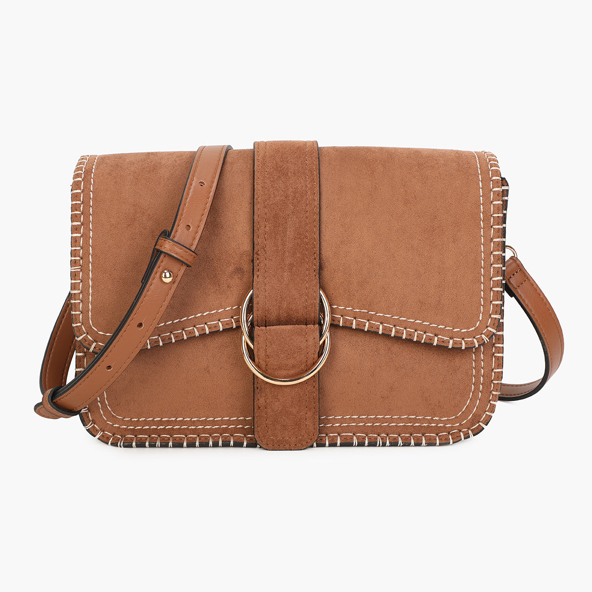 Sac à bandoulière camel et surpiqûres contrastées