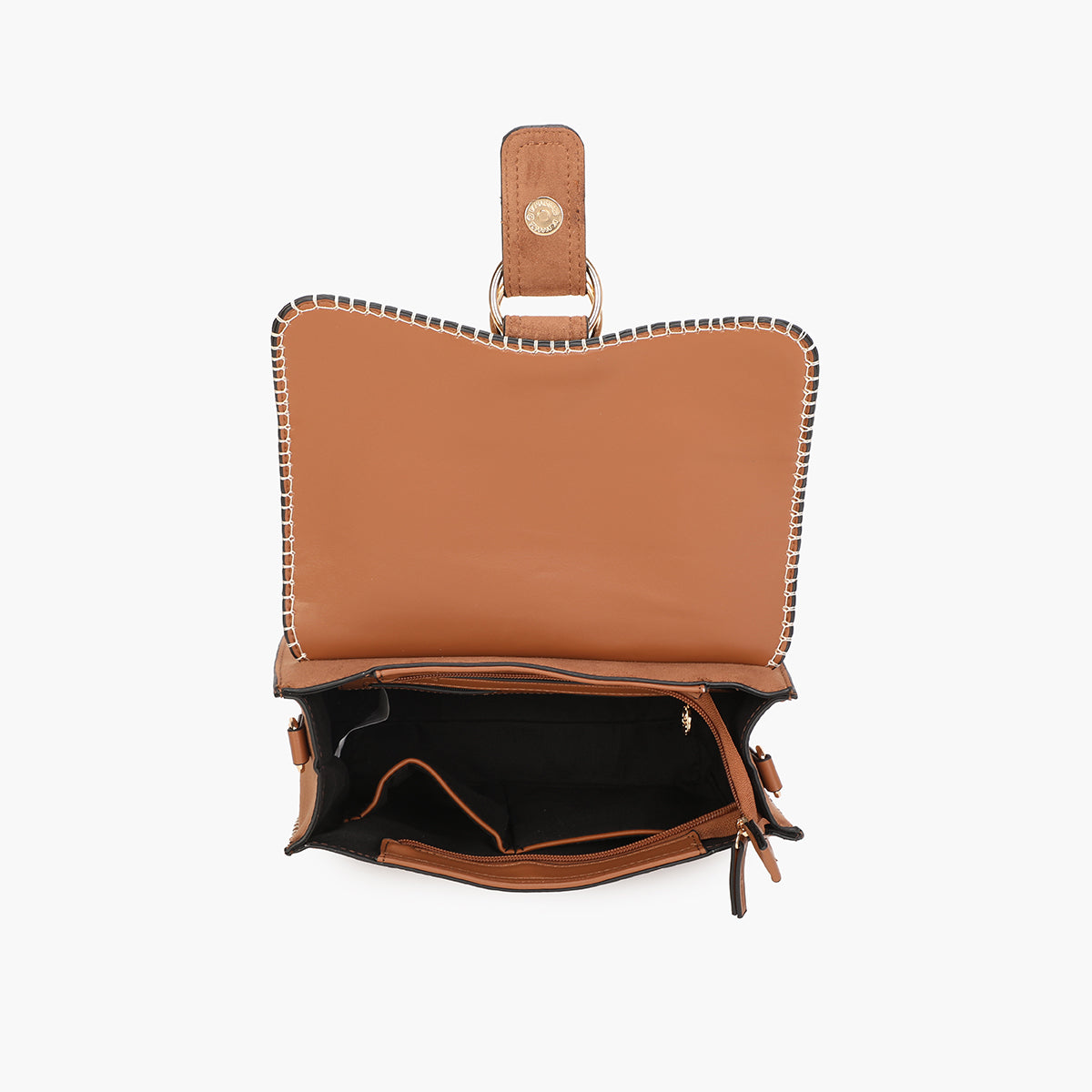 Sac à bandoulière camel et surpiqûres contrastées
