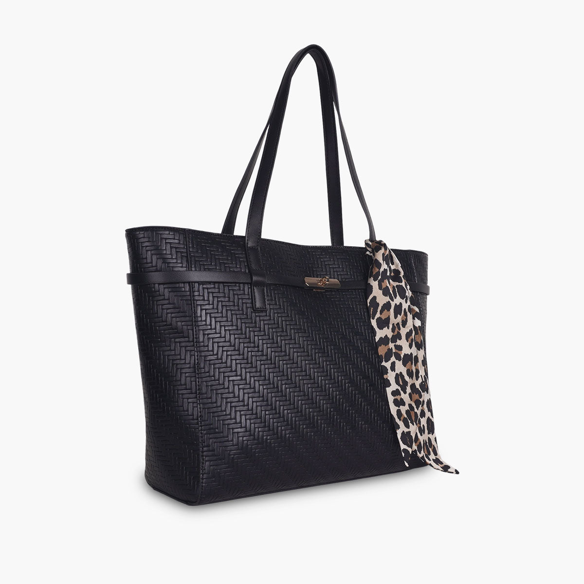 Sac cabas effet tressé noir et foulard léopard