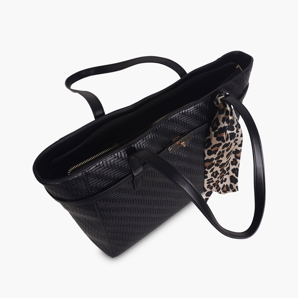 Sac cabas effet tressé noir et foulard léopard