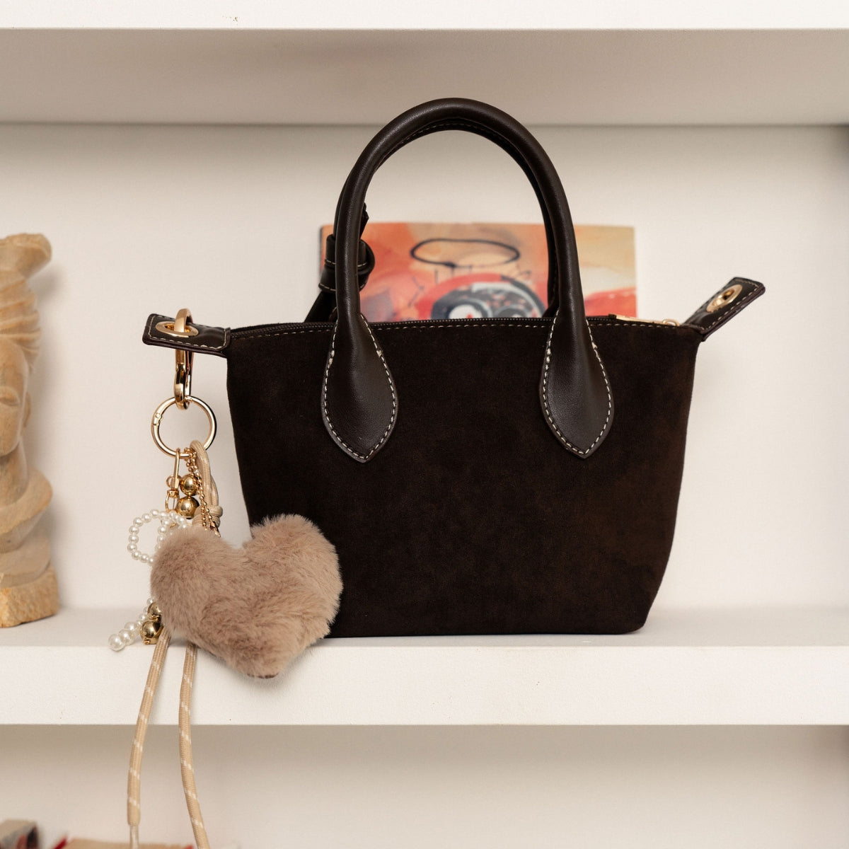 Petit sac texturé à anses et piqûres contrastées marron