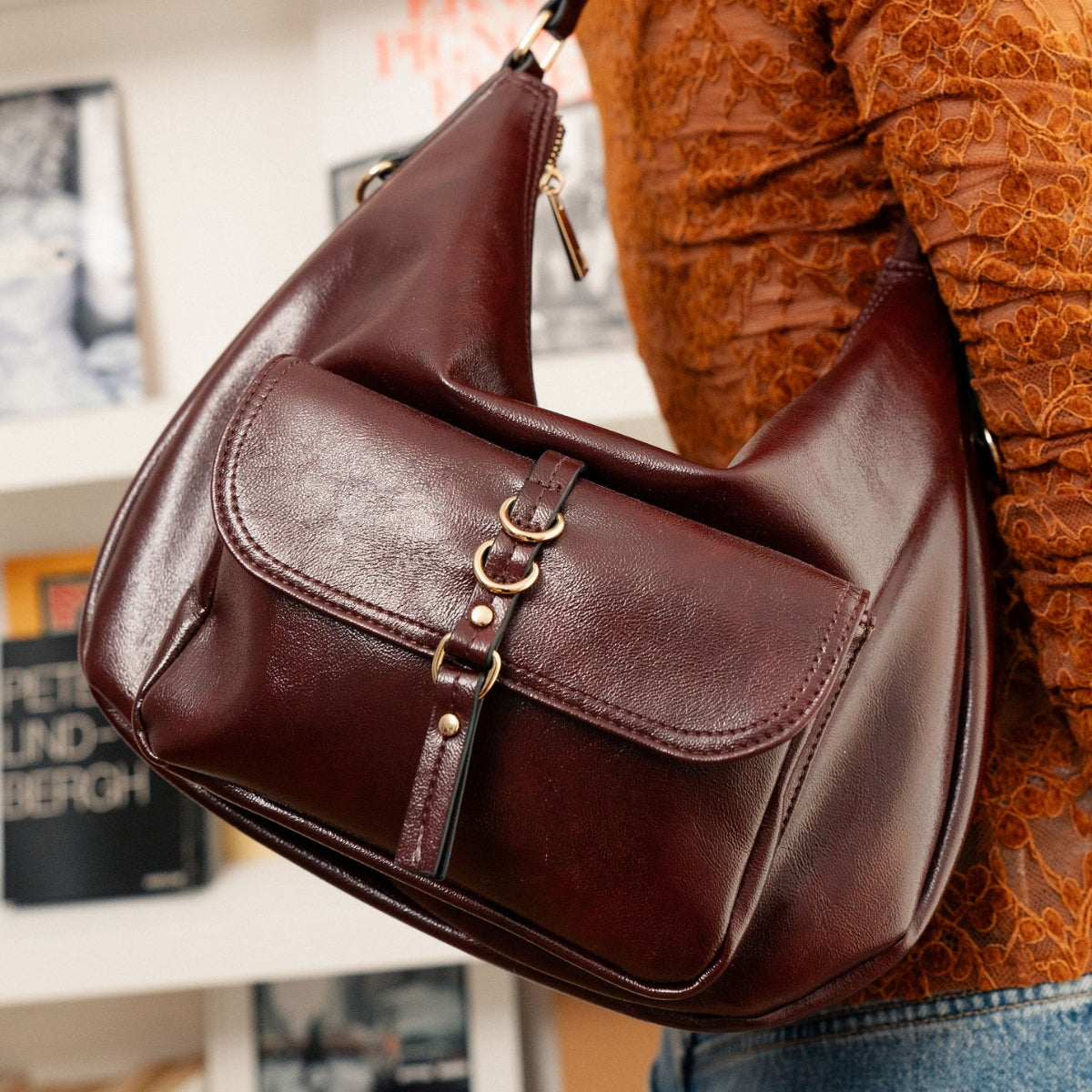 Sac porté épaule effet cuir bordeaux