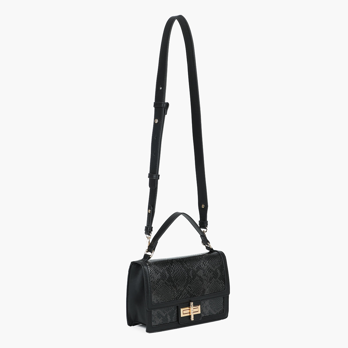 Petit sac cartable à bandoulière effet croco noir