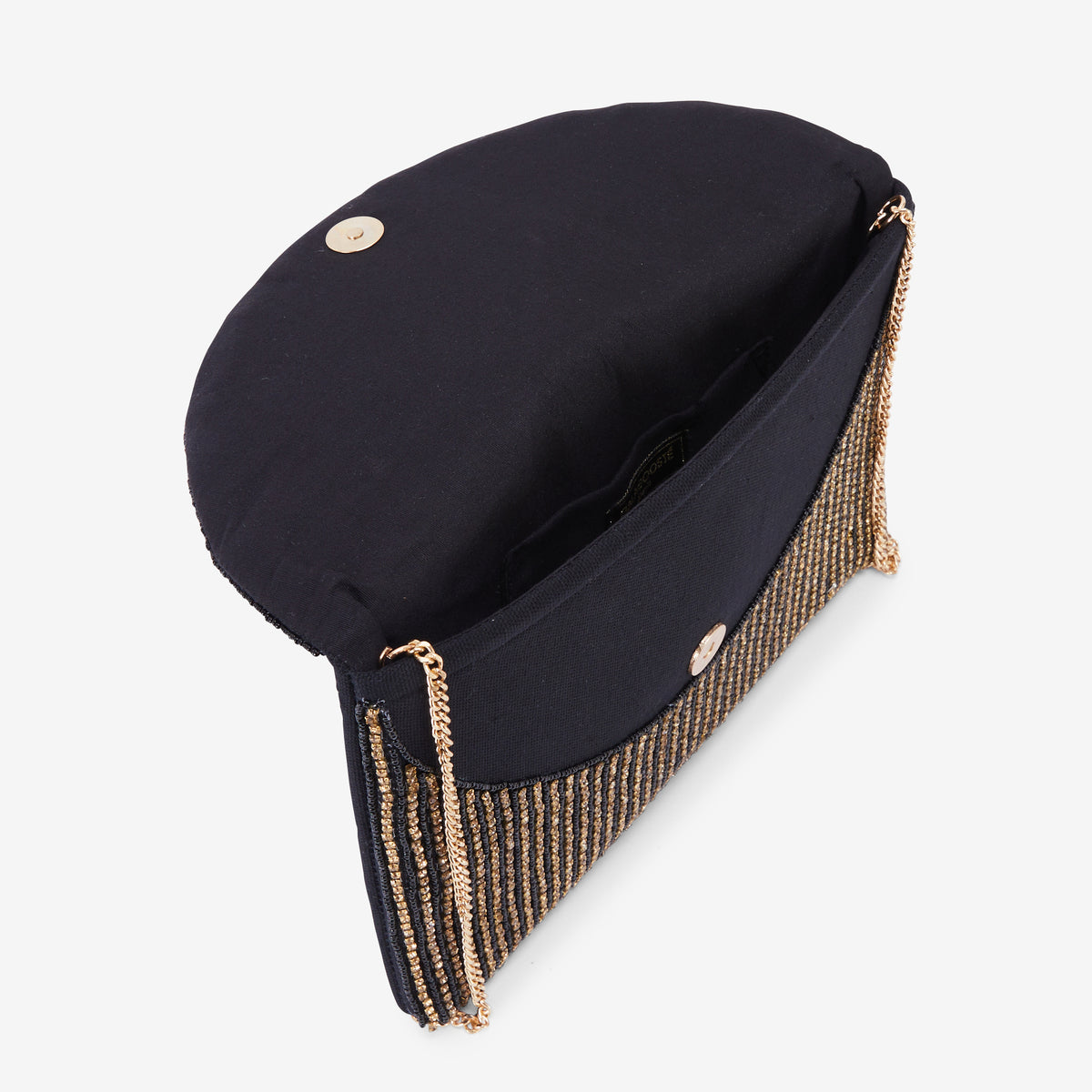 Pochette à perles et strass noire et dorée