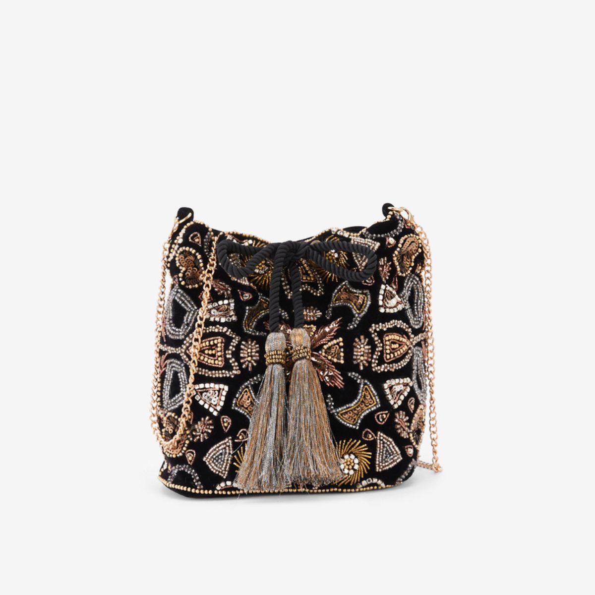 Sac bourse perles et sequins noir et doré