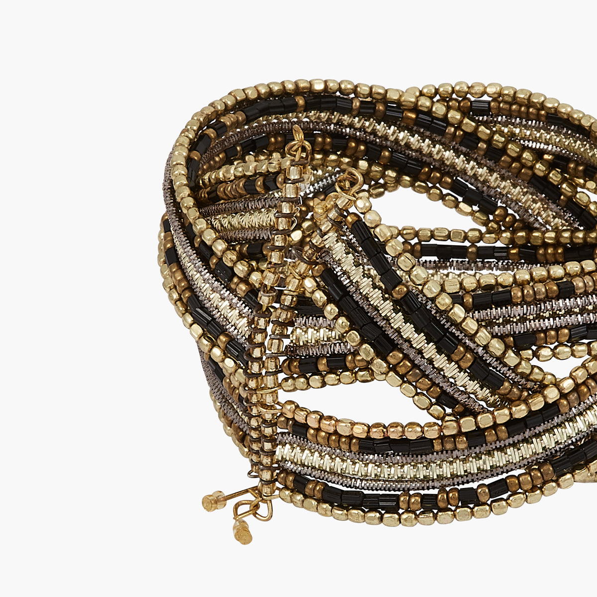Manchette perles de rocailles noires et dorées