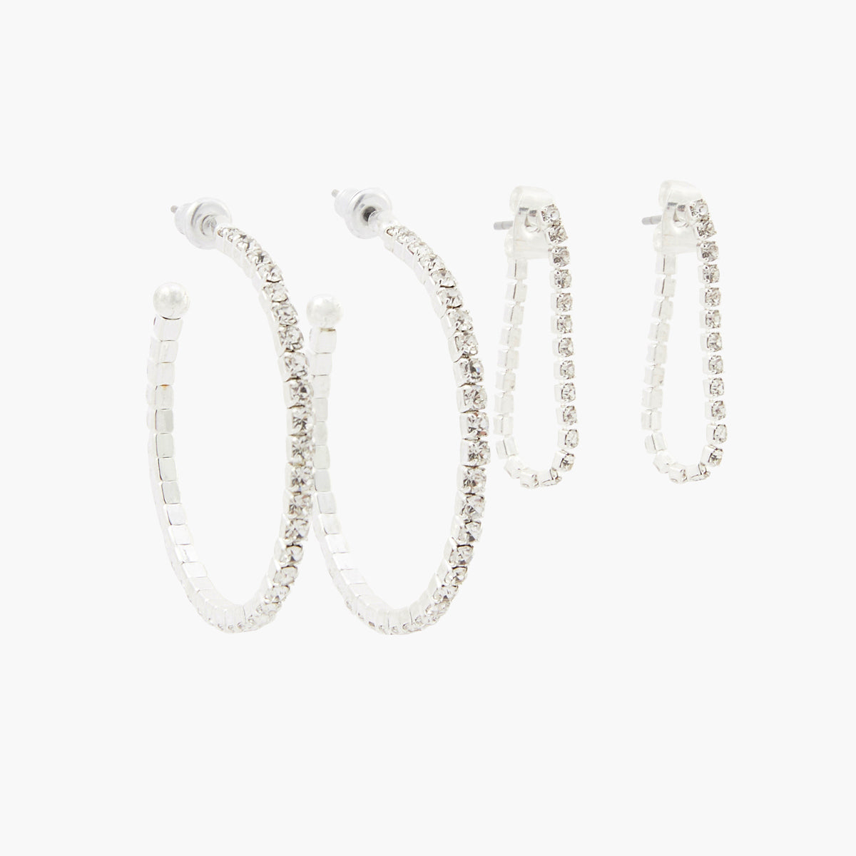 Set de 2 paires de boucles d'oreilles argentées à strass