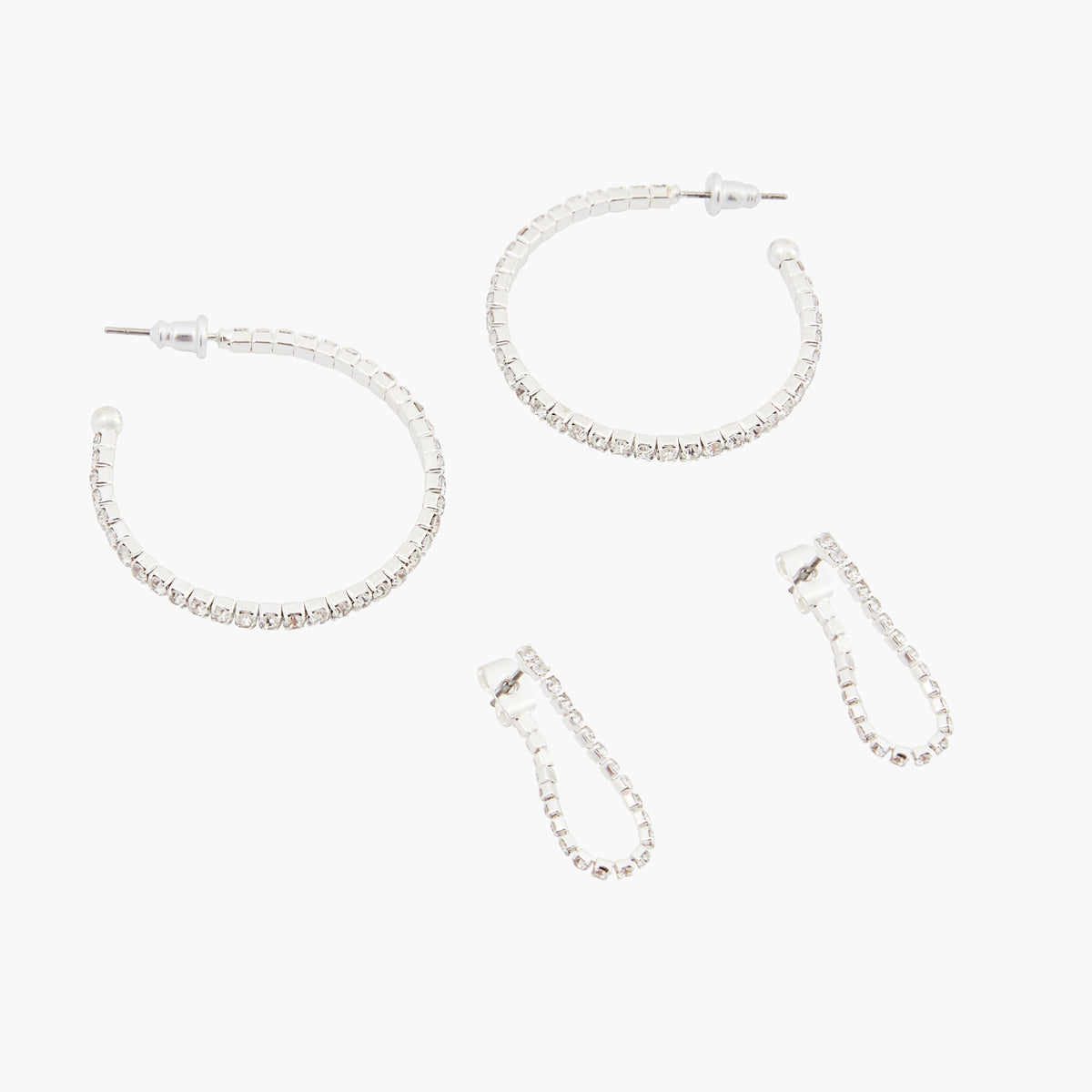 Set de 2 paires de boucles d'oreilles argentées à strass