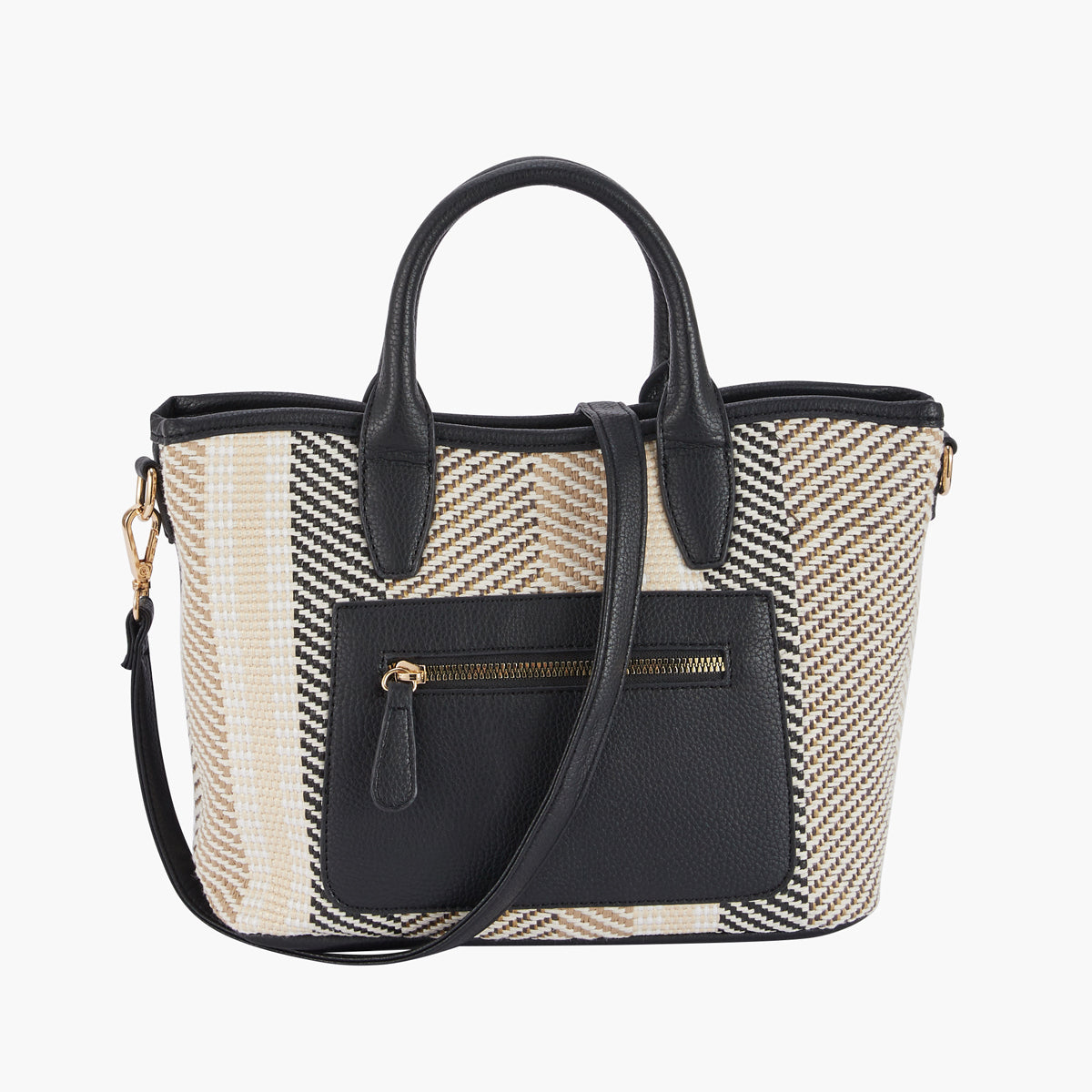 Sac à main bi-matière effet paille noir et beige