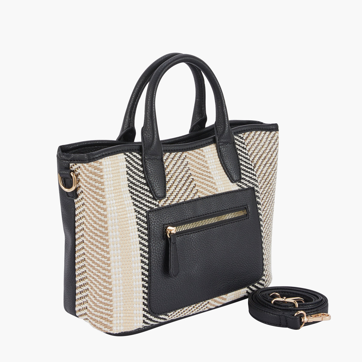 Sac à main bi-matière effet paille noir et beige
