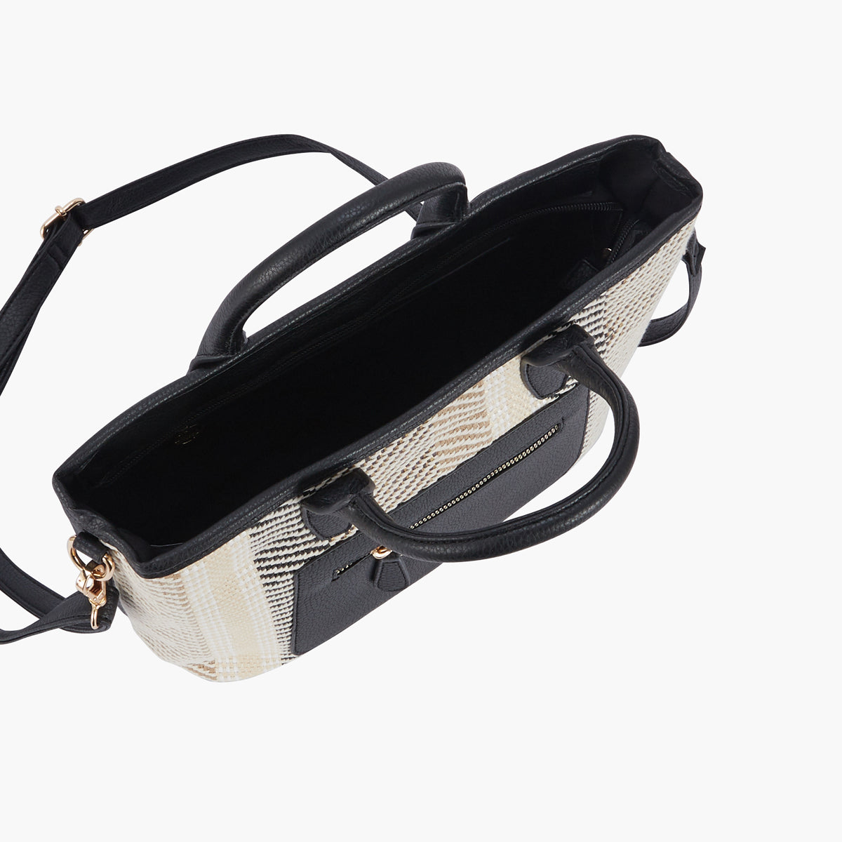 Sac à main bi-matière effet paille noir et beige