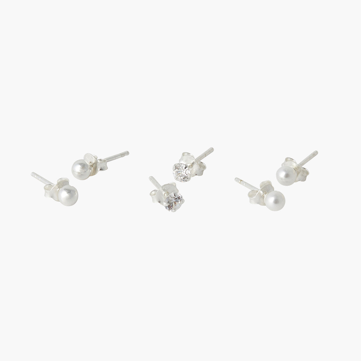 Set 3 paires de puces d'oreilles boules perle et zircon - argent 925