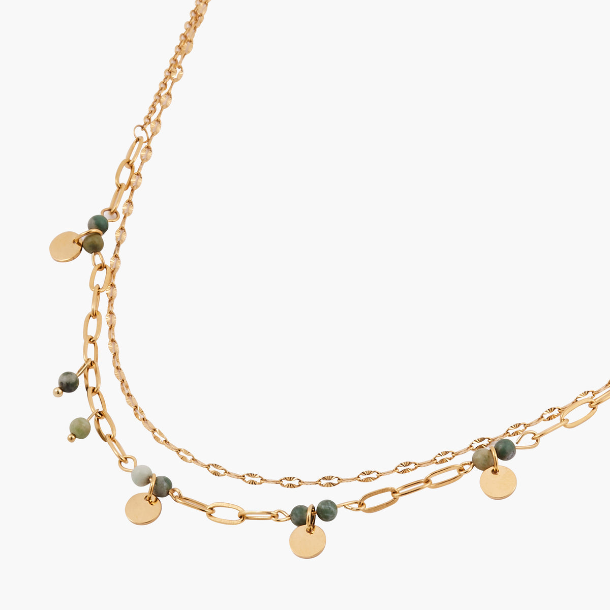 Collier 2 rangs acier inoxydable avec perles et pampilles