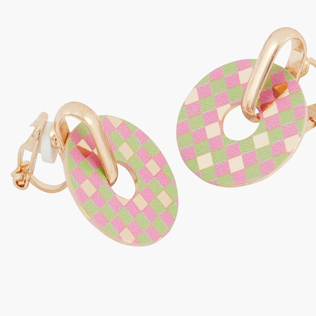 Boucles d'oreilles rondes à clips carreaux vert et rose