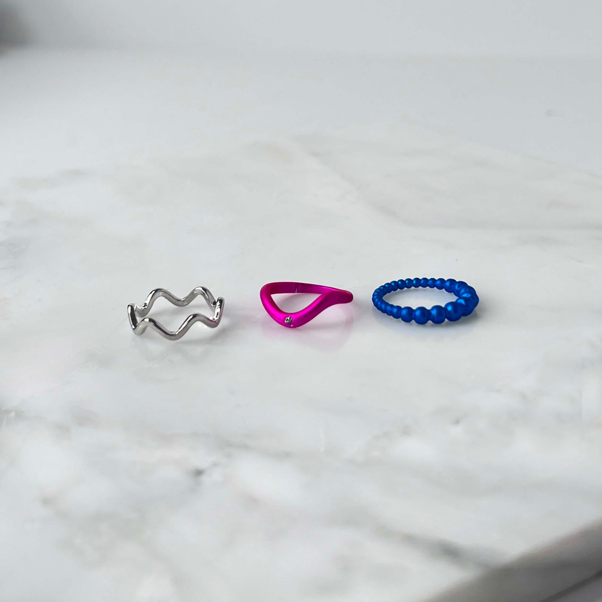 Set de 3 bagues e-coating - rose, bleu et argenté