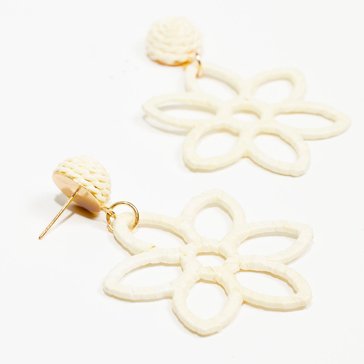 Boucles d'oreilles fleurs tissées en raphia ivoire