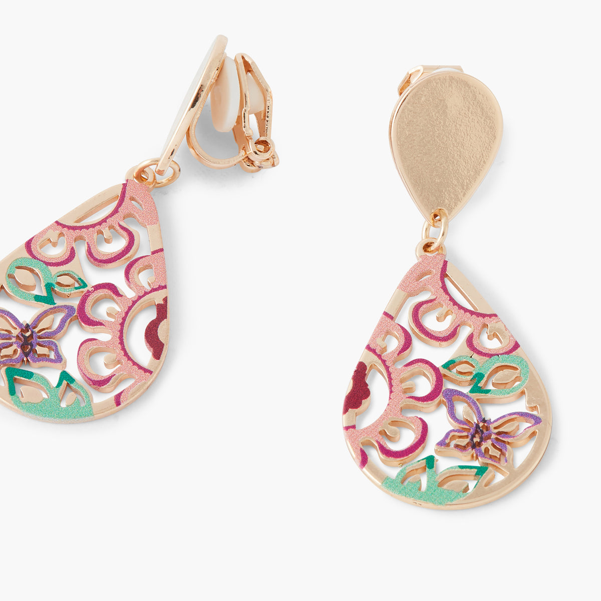 Boucles d'oreilles clips ajourée et imprimée rose et vert