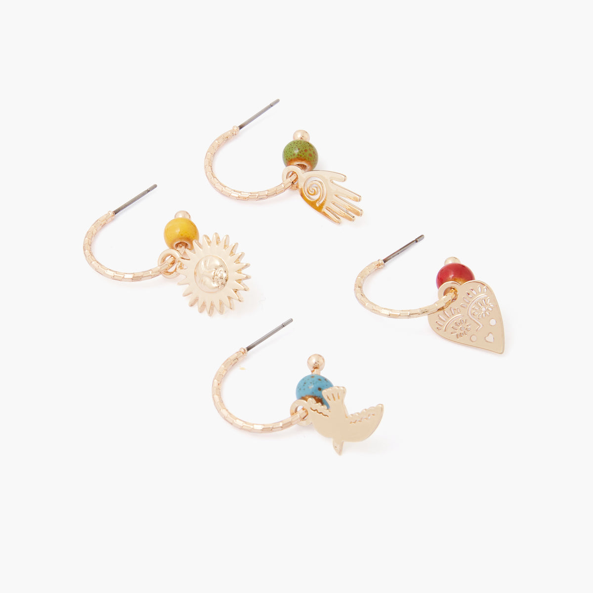 Set de 4 créoles dépareillées : oiseau, soleil, main, cœur