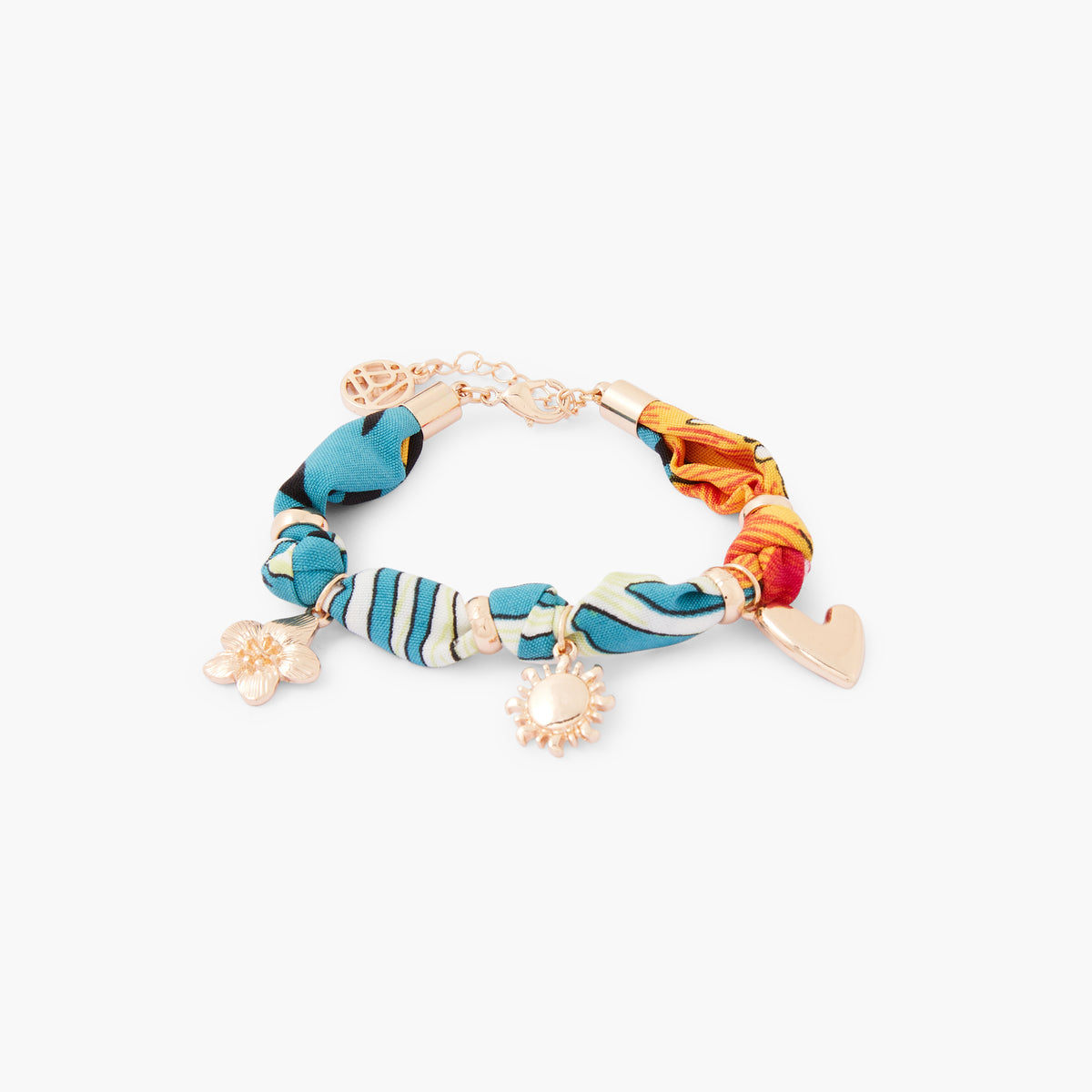Bracelet tissu à breloques fleur, soleil et cœur