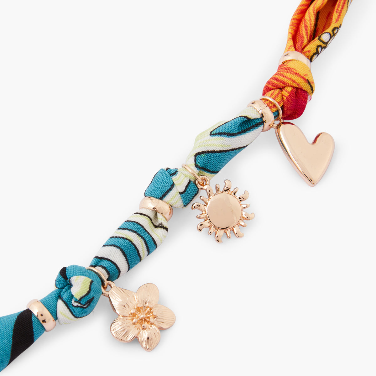 Bracelet tissu à breloques fleur, soleil et cœur