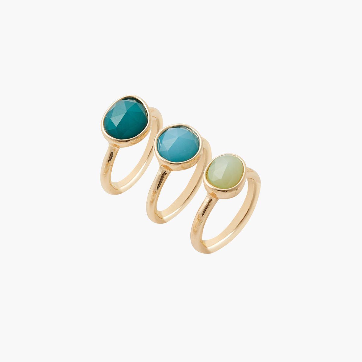 Set de 3 bagues à cabochons tons vert et bleu