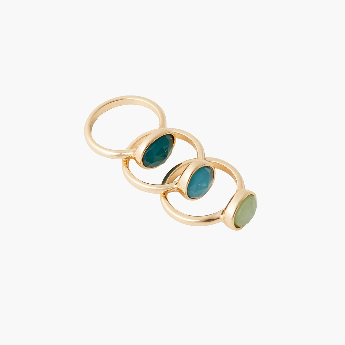 Set de 3 bagues à cabochons tons vert et bleu