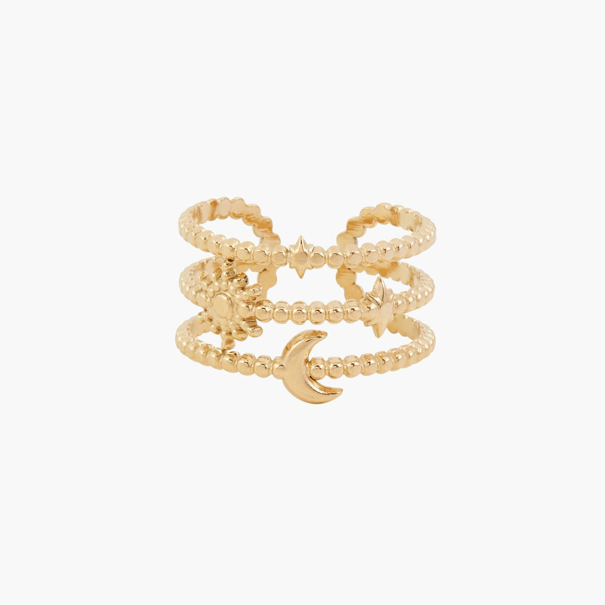 Bague 3 rangs étoiles et lune acier inoxydable