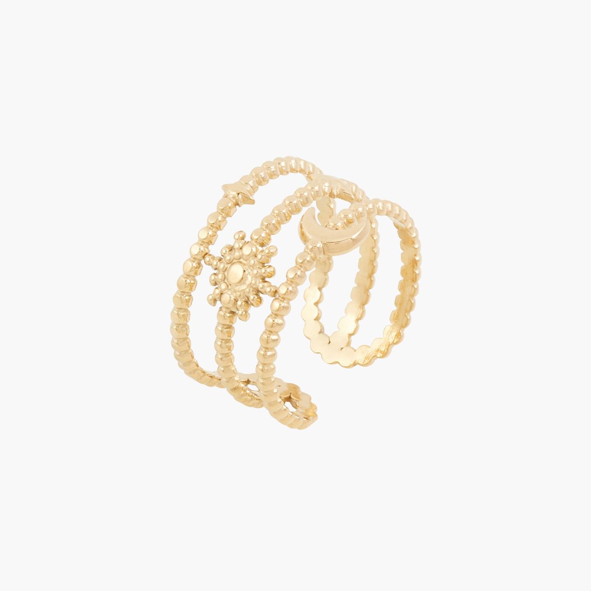 Bague 3 rangs étoiles et lune acier inoxydable