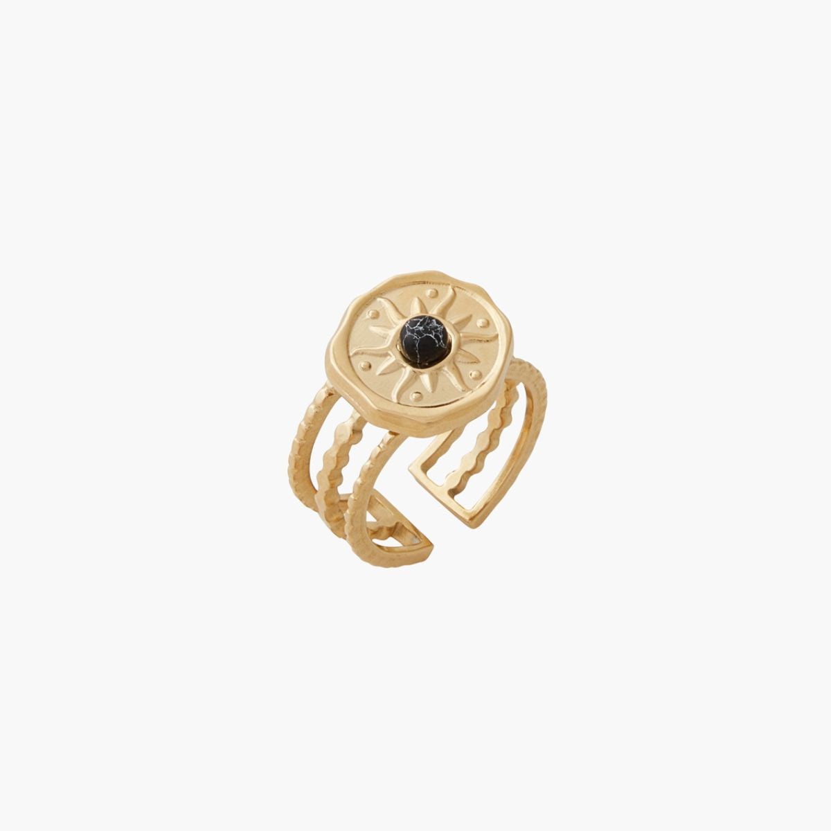 Bague médaillons pierre acier inoxydable doré