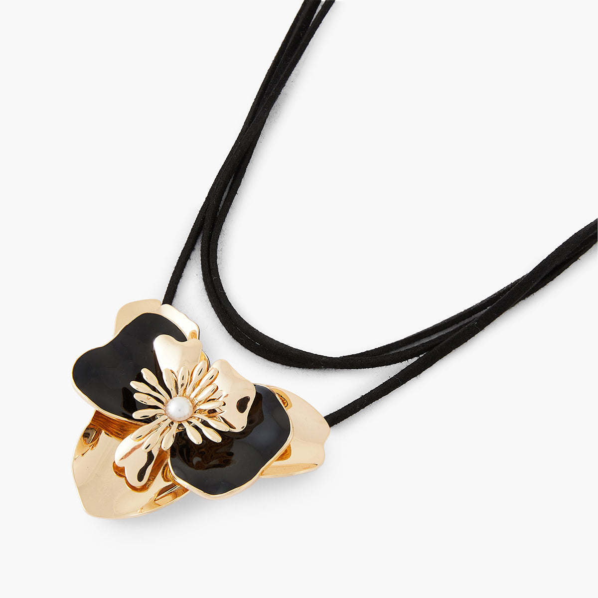 Collier cordon grosse fleur doré et noir