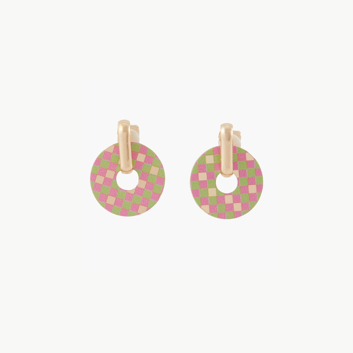 Boucles d'oreilles rondes à clips carreaux vert et rose