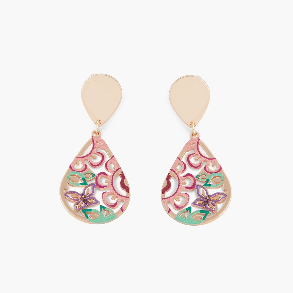 Boucles d'oreilles clips ajourée et imprimée rose et vert