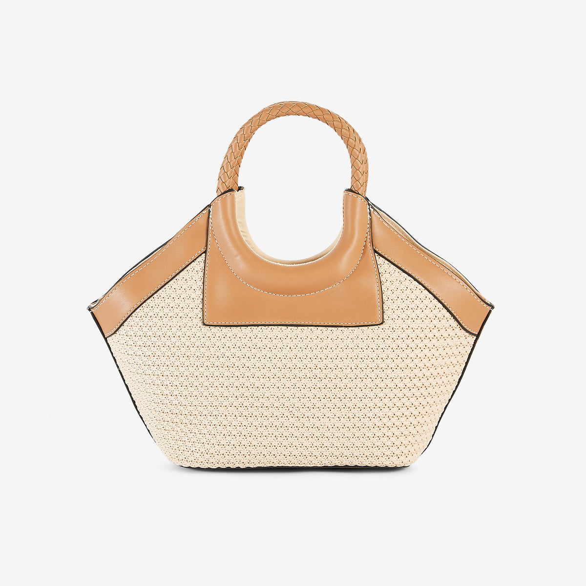 Panier effet paille et anses tressées beige et camel