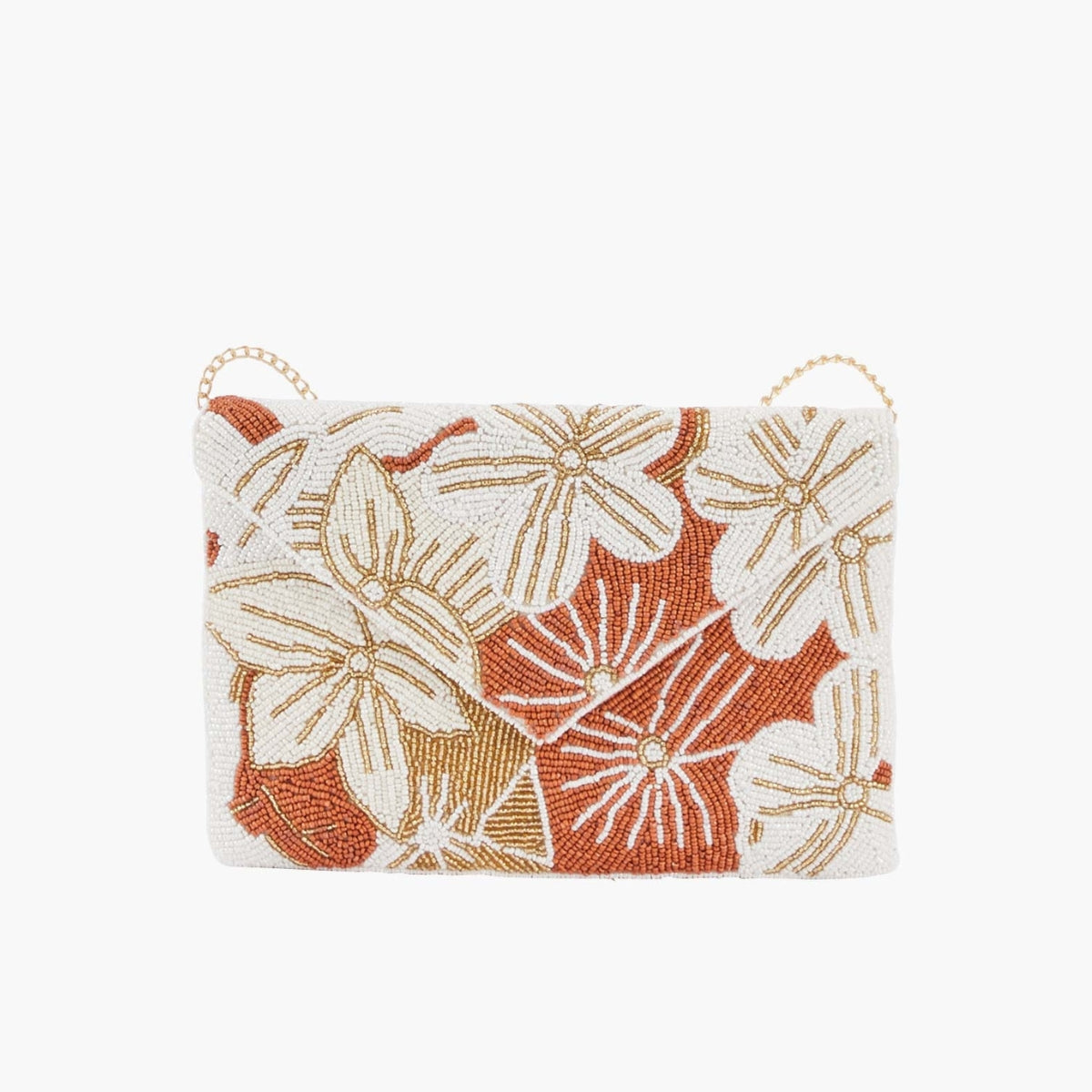 Pochette perlée à motif fleurs orange et ivoire