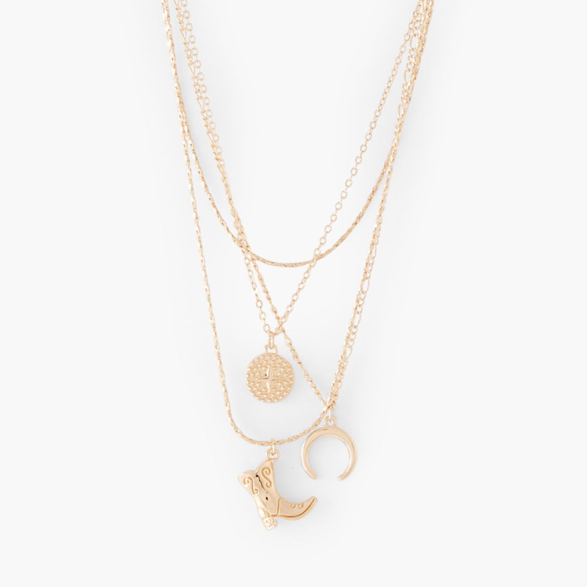 Collier multi rangs pendentifs médaille, lune et santiag