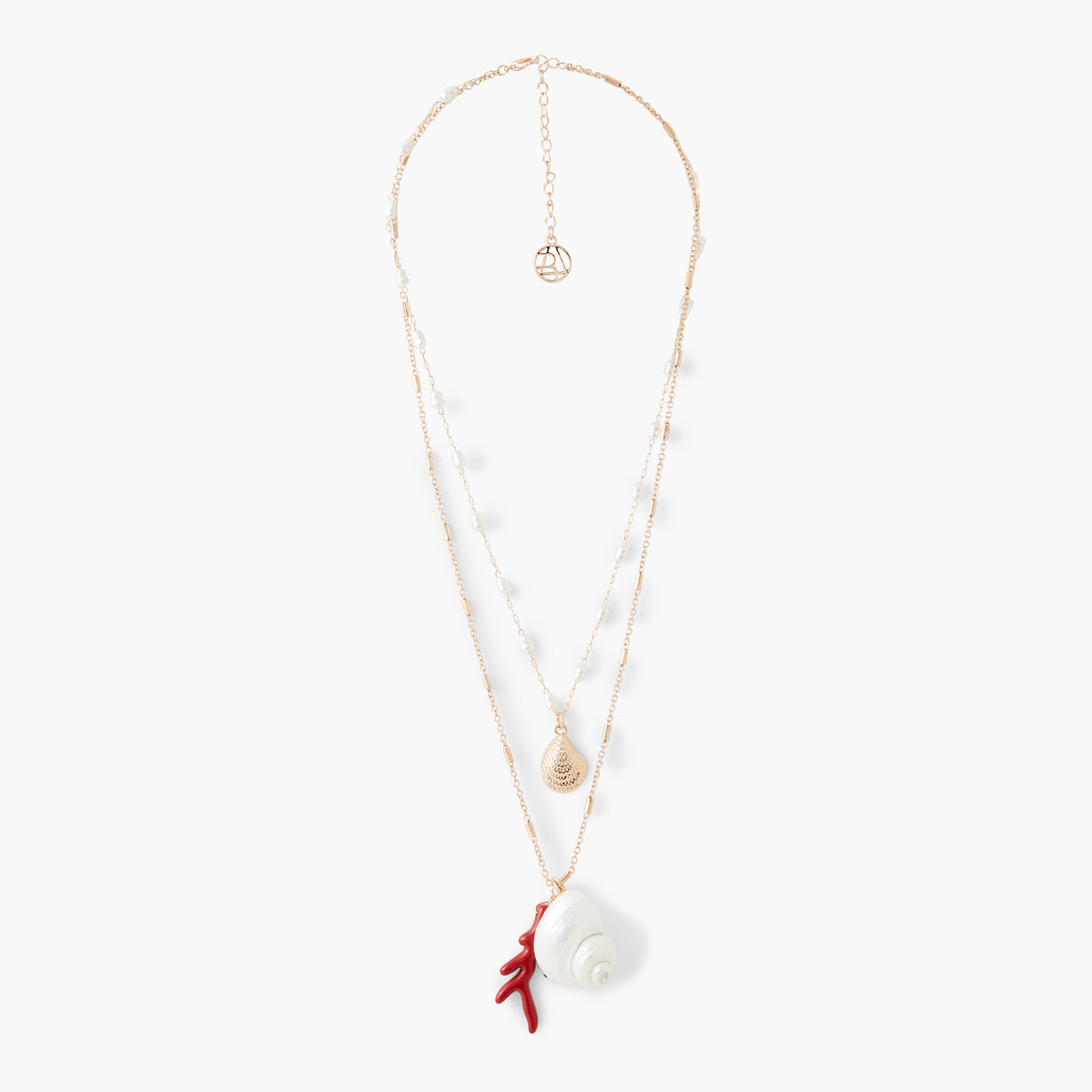 Collier double chaine avec pendentifs coquillages et corail