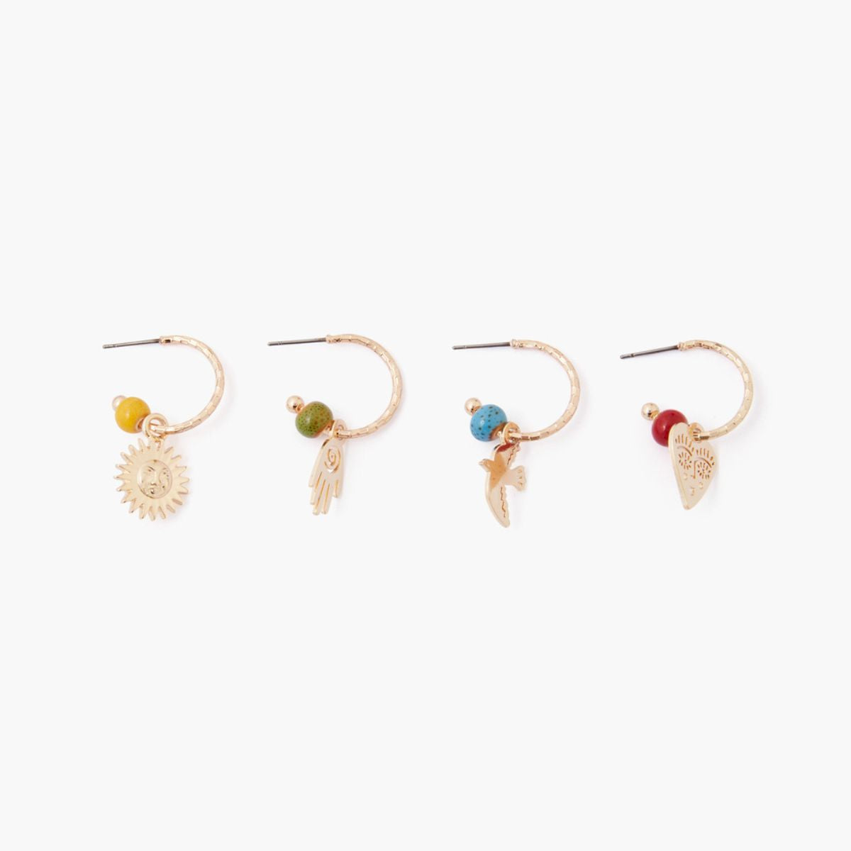 Set de 4 créoles dépareillées : oiseau, soleil, main, cœur