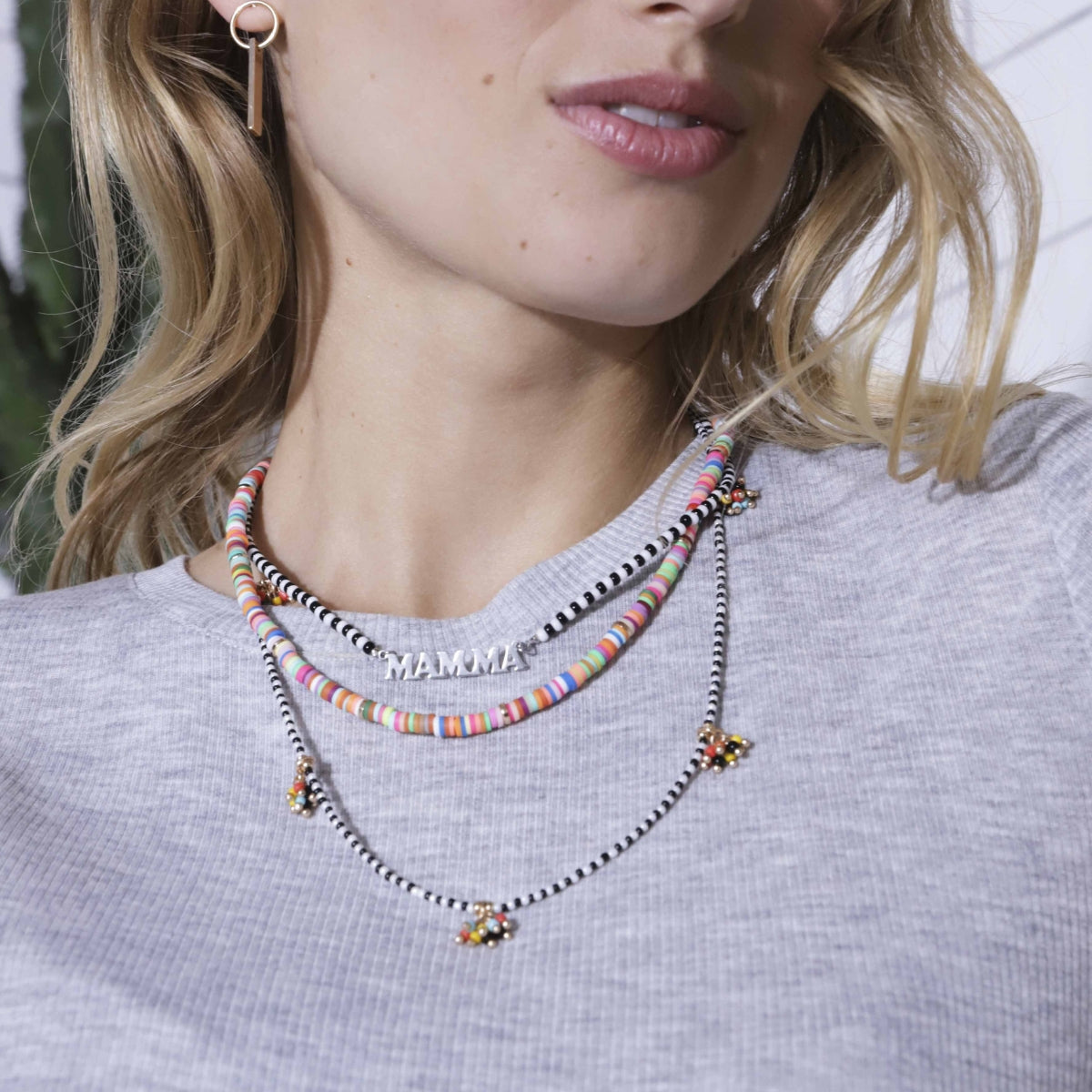 Collier Mamma en acier inoxydable argenté et perles de rocaille