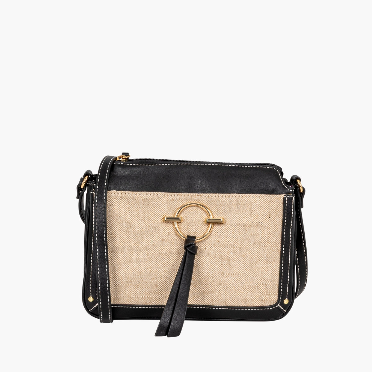Sac à bandoulière bi-matière noir et écru