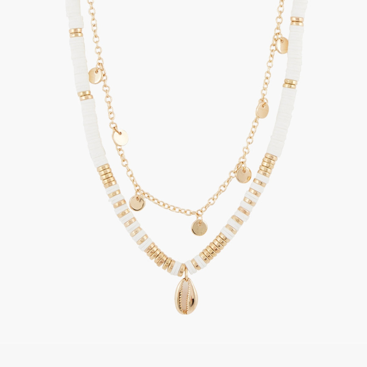 Set de 2 colliers chaine à pampille et perles avec pendentif coquillage