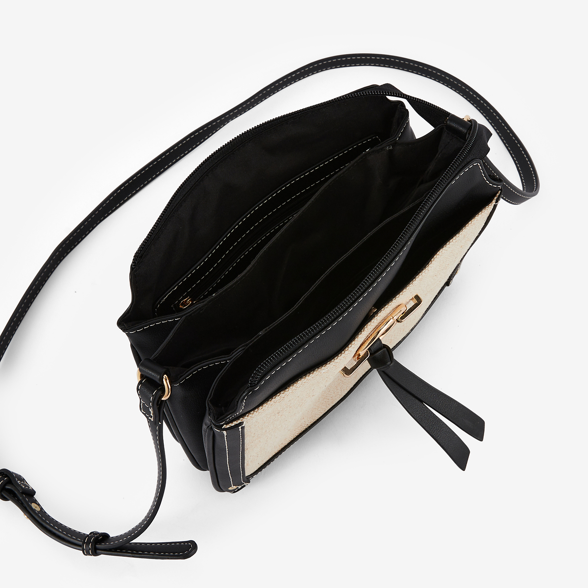 Sac à bandoulière bi-matière noir et écru